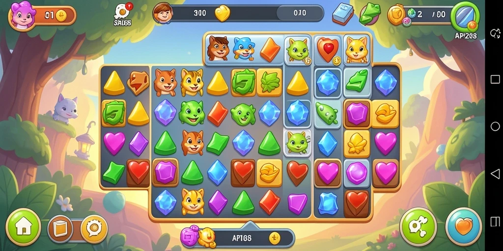 Tampilan menarik dari gameplay seru API288 saat mencocokkan item Match-3.