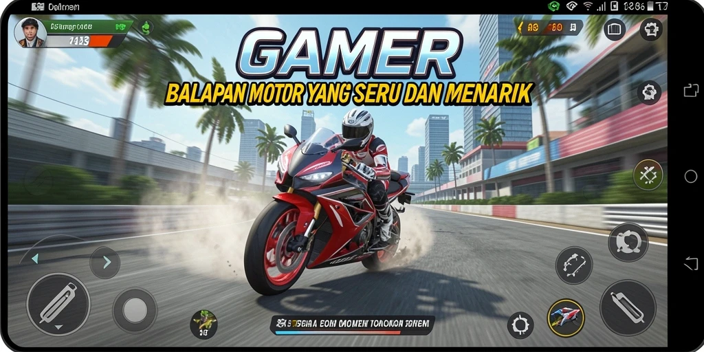 Screenshot utama GAMERP menampilkan balapan motor yang mendebarkan.