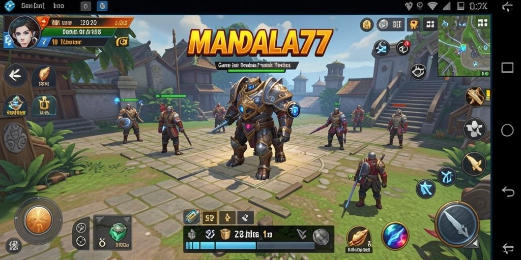 Screenshot gameplay MANDALA77 menampilkan pertempuran intens dan pembangunan kerajaan.