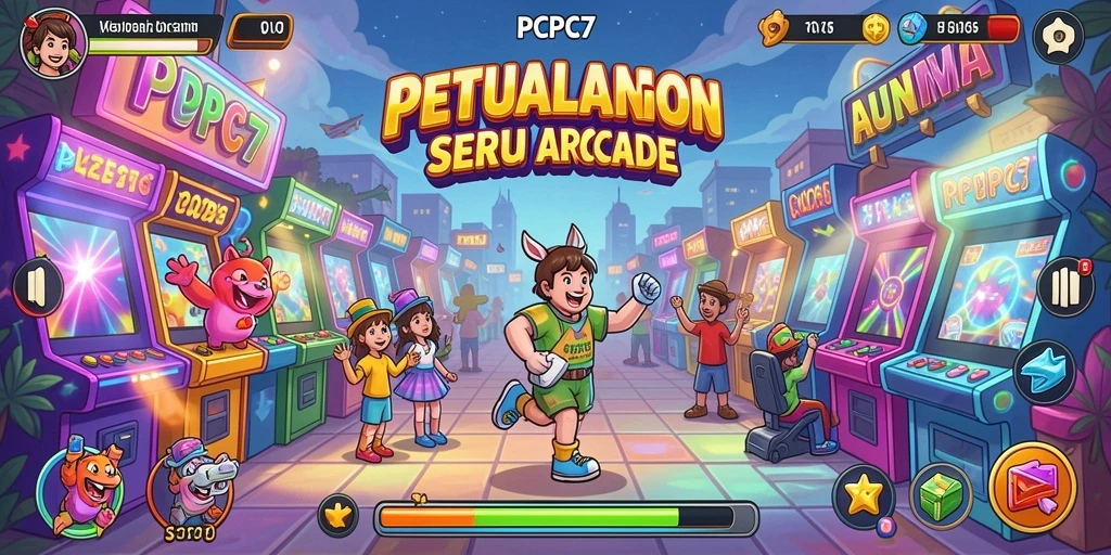 Screenshot utama PCPC7 menampilkan aksi seru di level Arcade.